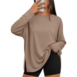 Oversized Long Sleeve Tee with Side Slit - Y2K Fall Essential & Workout Top